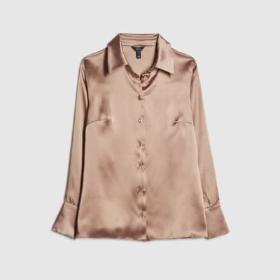 Brown Satin Slim Fit Long Sleeve Shirt