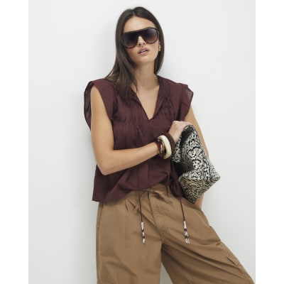 Brown Shirred Tie Neck Top