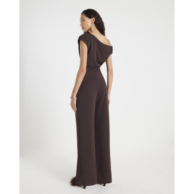 Brown Short Sleeve Asymmetric Drape Jumpsuit