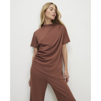 Brown Short Sleeve Drape Tunic Top