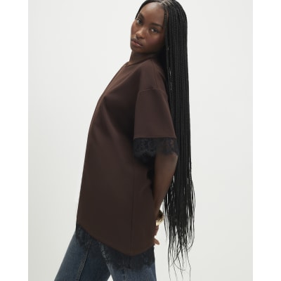 Brown Short Sleeve Lace Trim Asymmetric Top