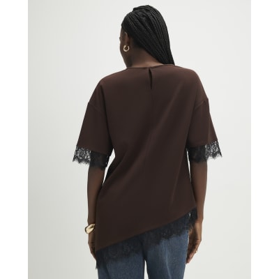 Brown Short Sleeve Lace Trim Asymmetric Top
