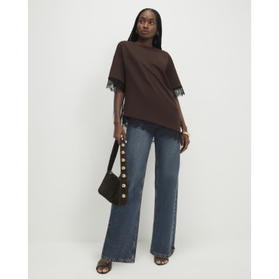 Brown Short Sleeve Lace Trim Asymmetric Top