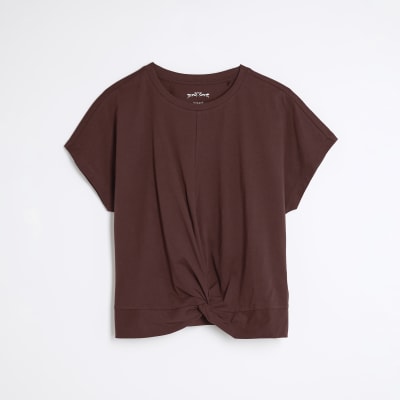 Brown Short Sleeve Twist Front T-shirt