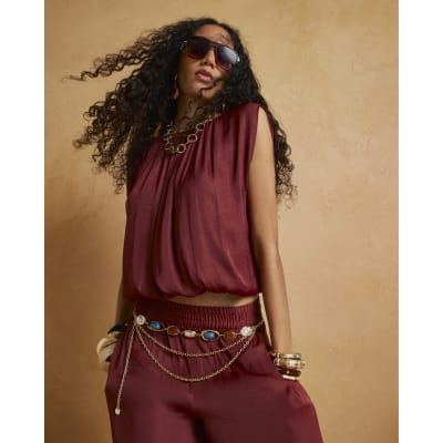 Brown Sleeveless Bubble Hem Top