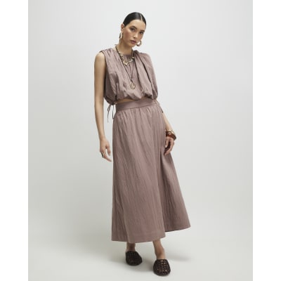 Brown Sleeveless Bubble Hem Top