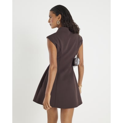 Brown Sleeveless Drape Mini Dress