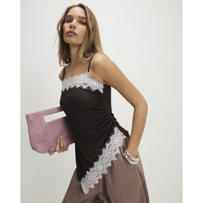 Brown Sleeveless Lace Trim Cami Top