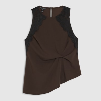 Brown Sleeveless Lace Trim Top