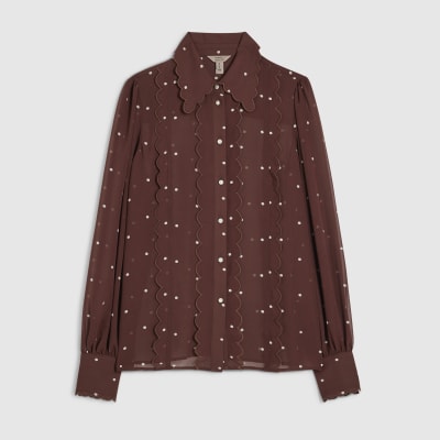Brown Spot Print Scallop Trim Shirt