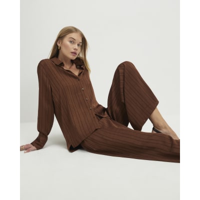 Brown Striped Drawstring Wide Leg Trousers