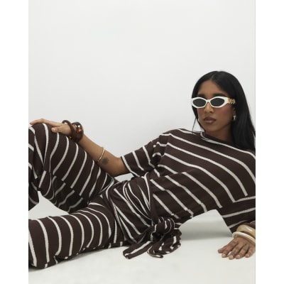 Brown Striped Textured Knot Front Top