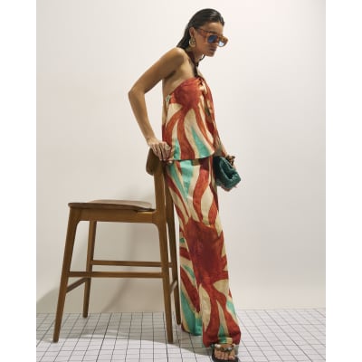 Brown Swirl Print Wide Leg Trousers