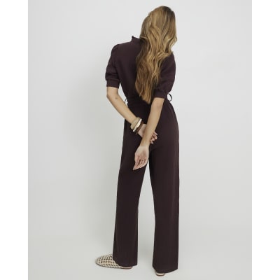 Brown Textured Wide Leg Jumpsuit