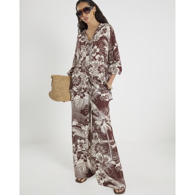 Brown Tropical Print Beach Shirt