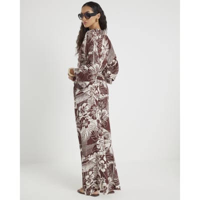 Brown Tropical Print Beach Trousers