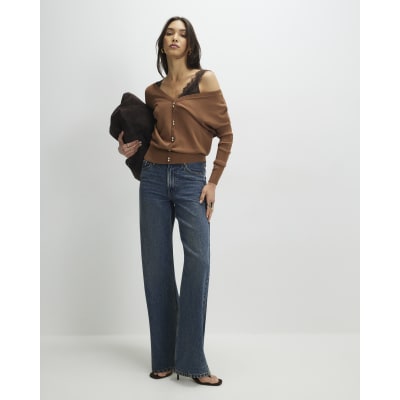 Brown V Neck Button Jumper