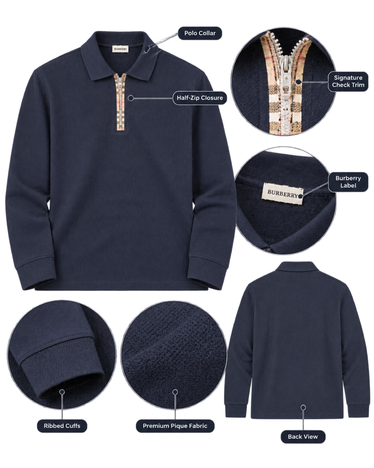 Burberry Dark Blue Long-Sleeve Half-Zip Polo Sweater