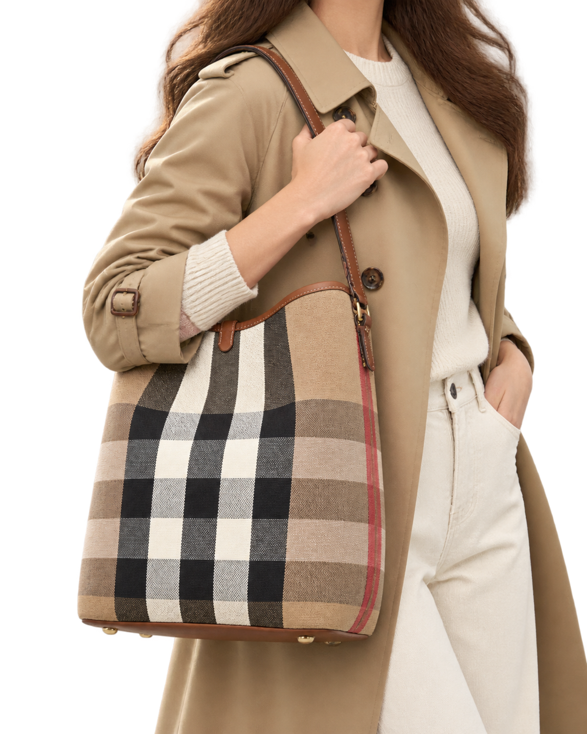 Burberry Giant Check Canvas Calfskin Ashby Bucket Bag