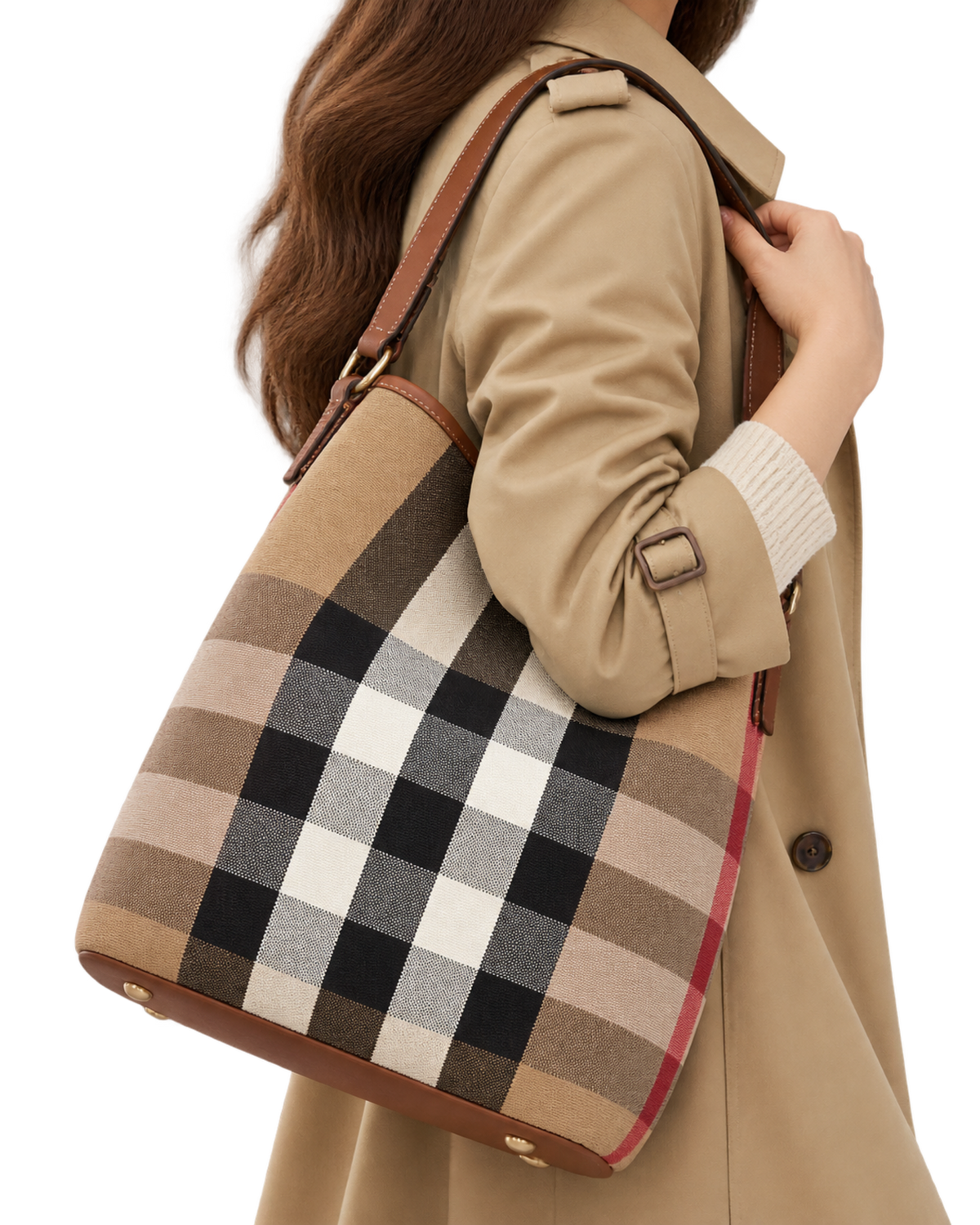 Burberry Giant Check Canvas Calfskin Ashby Bucket Bag