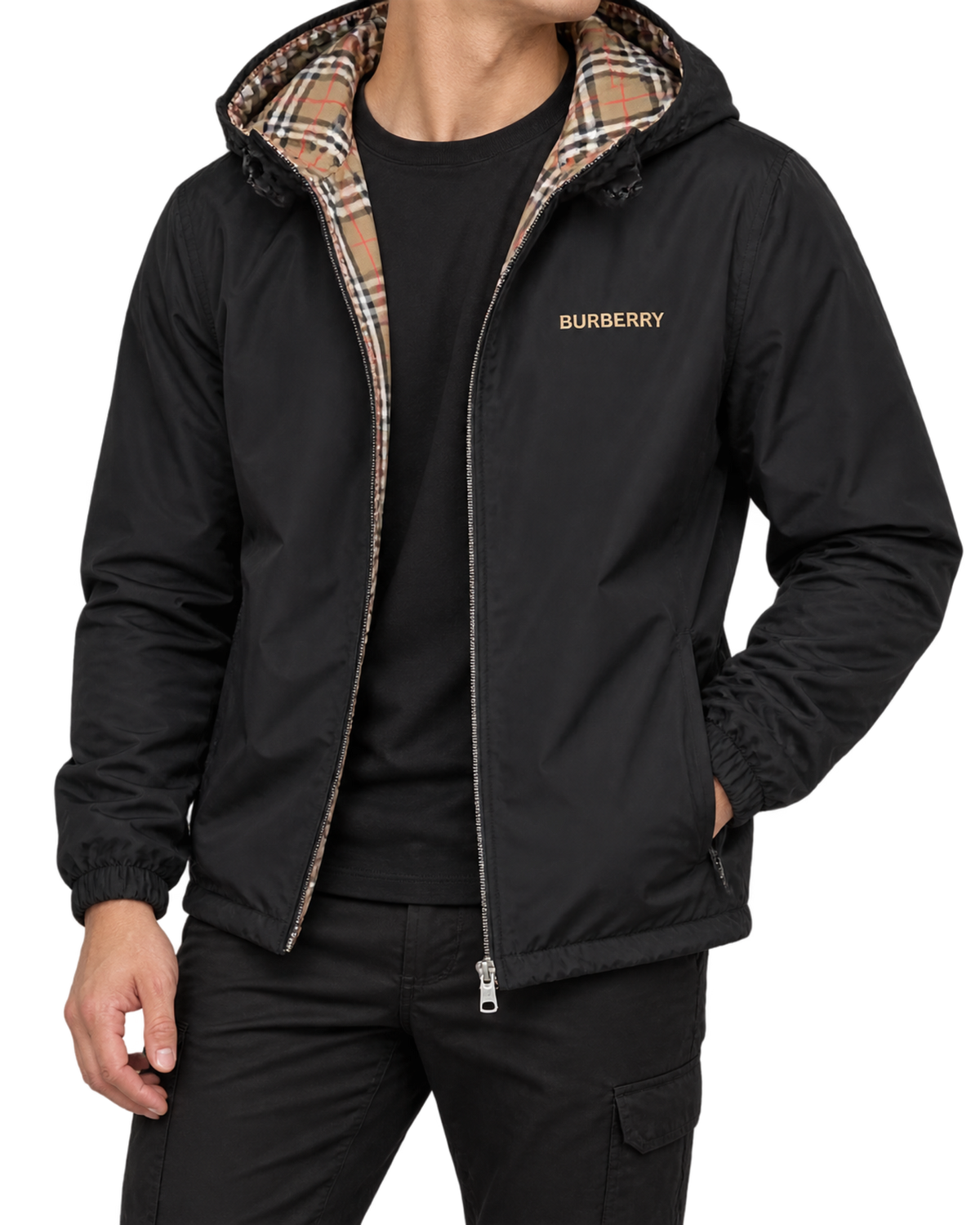 Burberry 'Stanford' Zip-Up Check Reversible Hooded Jacket Black & Check