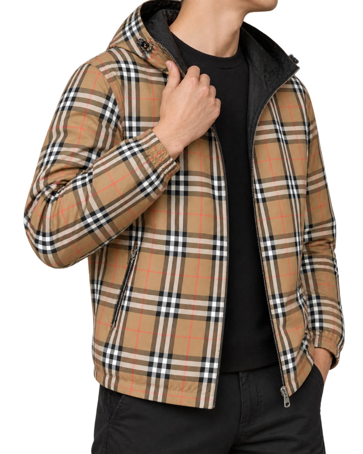 Burberry 'Stanford' Zip-Up Check Reversible Hooded Jacket Black & Check