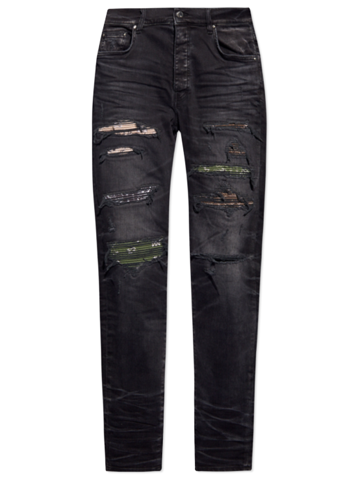 Amiri Bandana Camo Thrasher Jeans in Faded Black