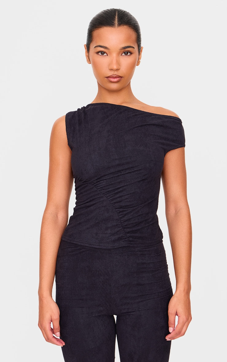 Black Faux Suede Asymmetric Ruched Top