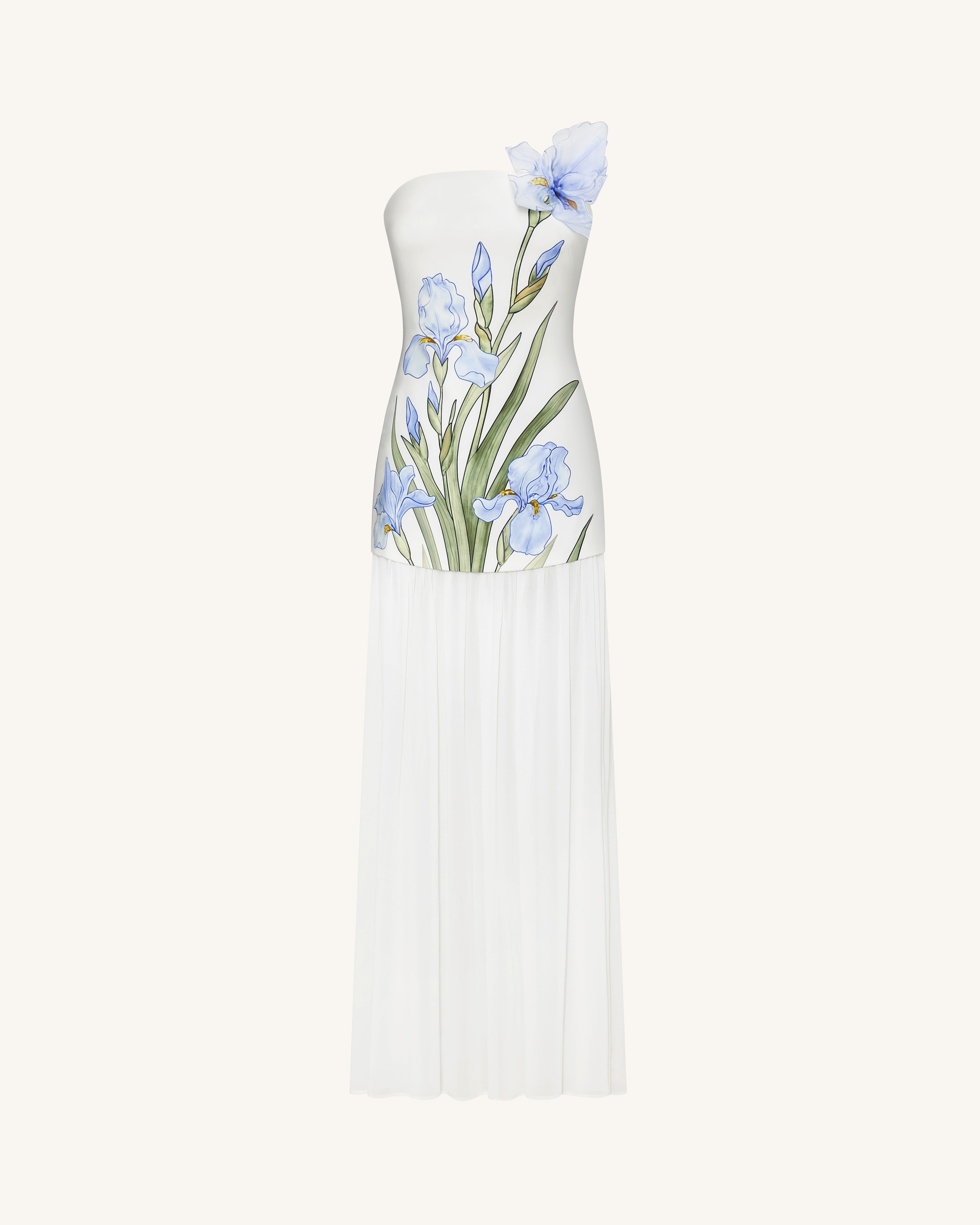 Floral Print Strapless Mixed Maxi Dress - Ivory