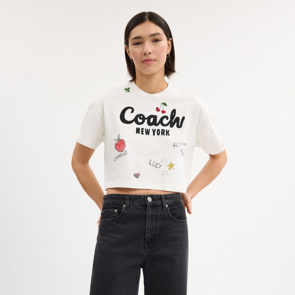 Cursive Coach Cropped Sketch Print T Shirt