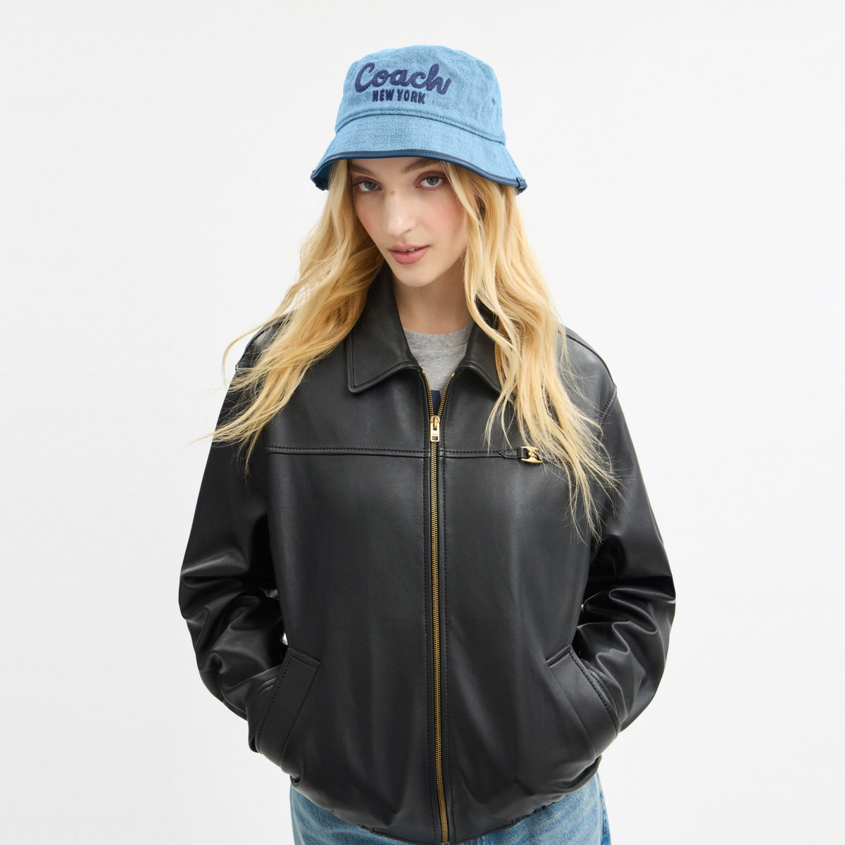 Coach Script Embroidered Denim Bucket Hat