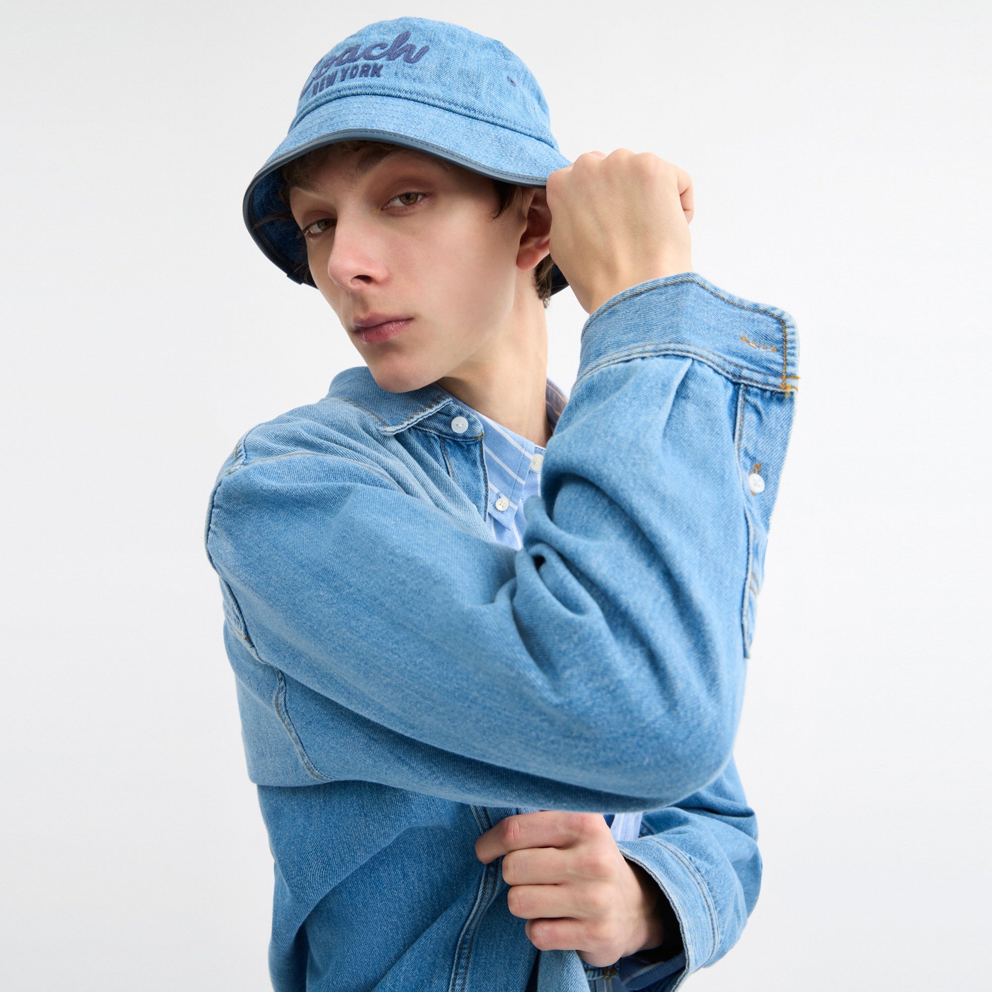 Coach Script Embroidered Denim Bucket Hat
