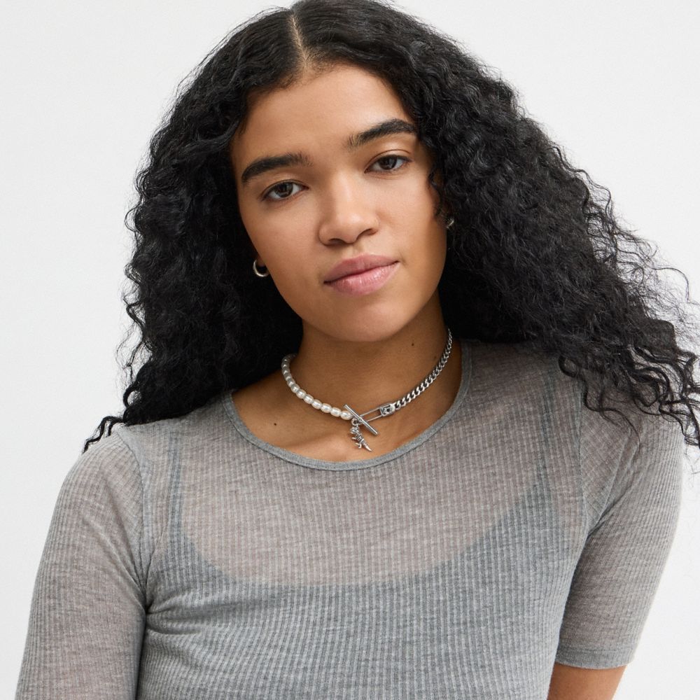 Pearl Skeletal Rexy Safety Pin Choker Necklace
