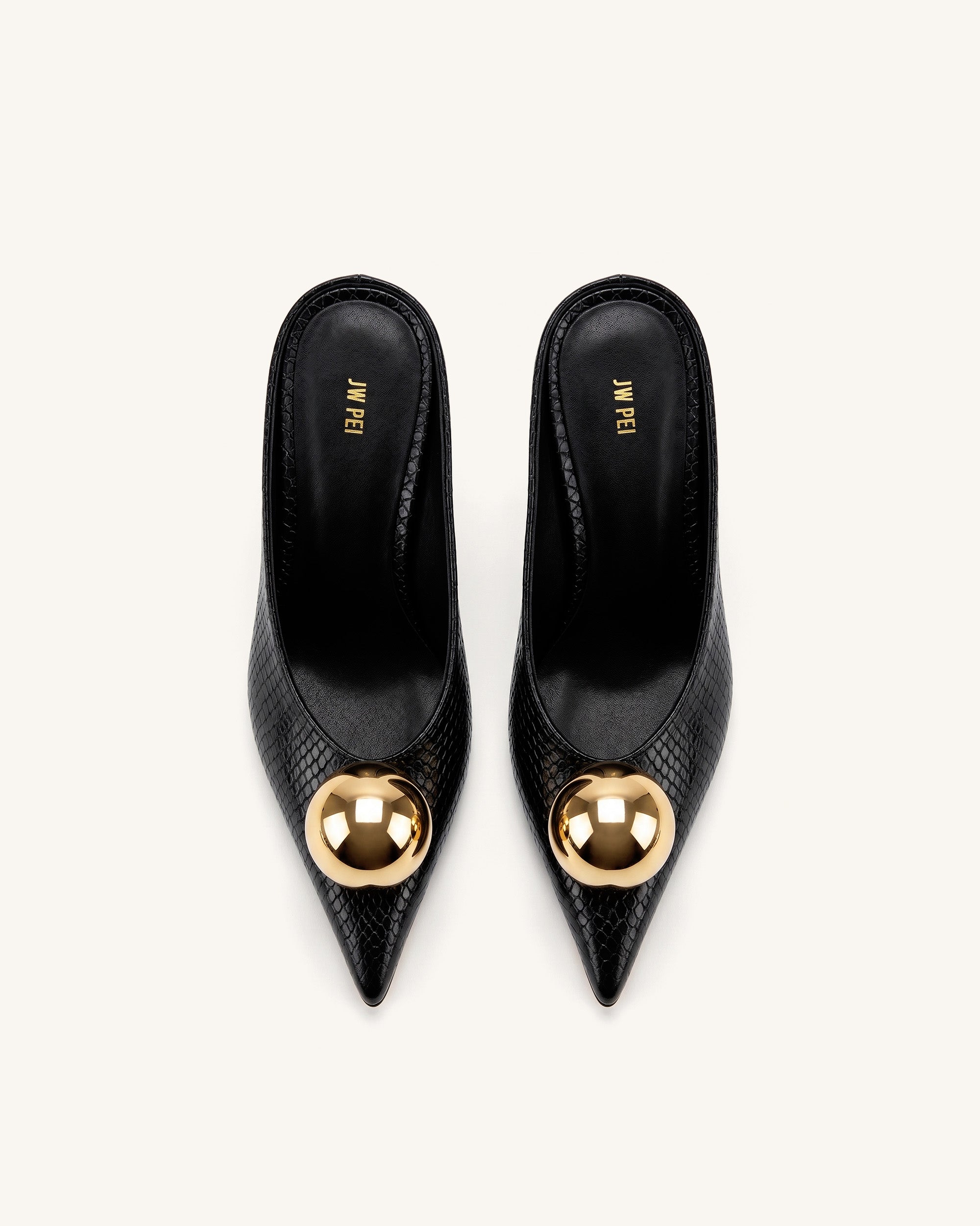 Sofia Angled Vamp Snakeskin Heel Mules - Black