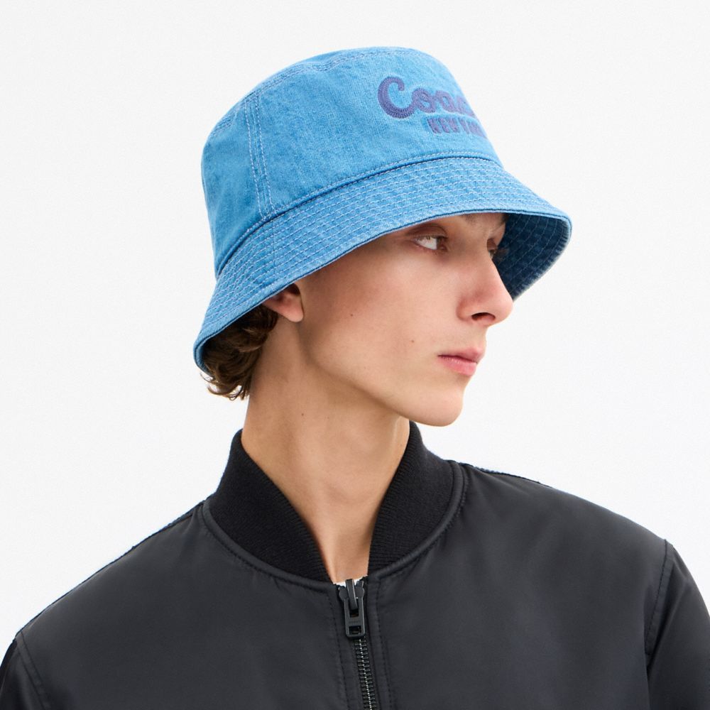 Coach Script Embroidered Denim Bucket Hat