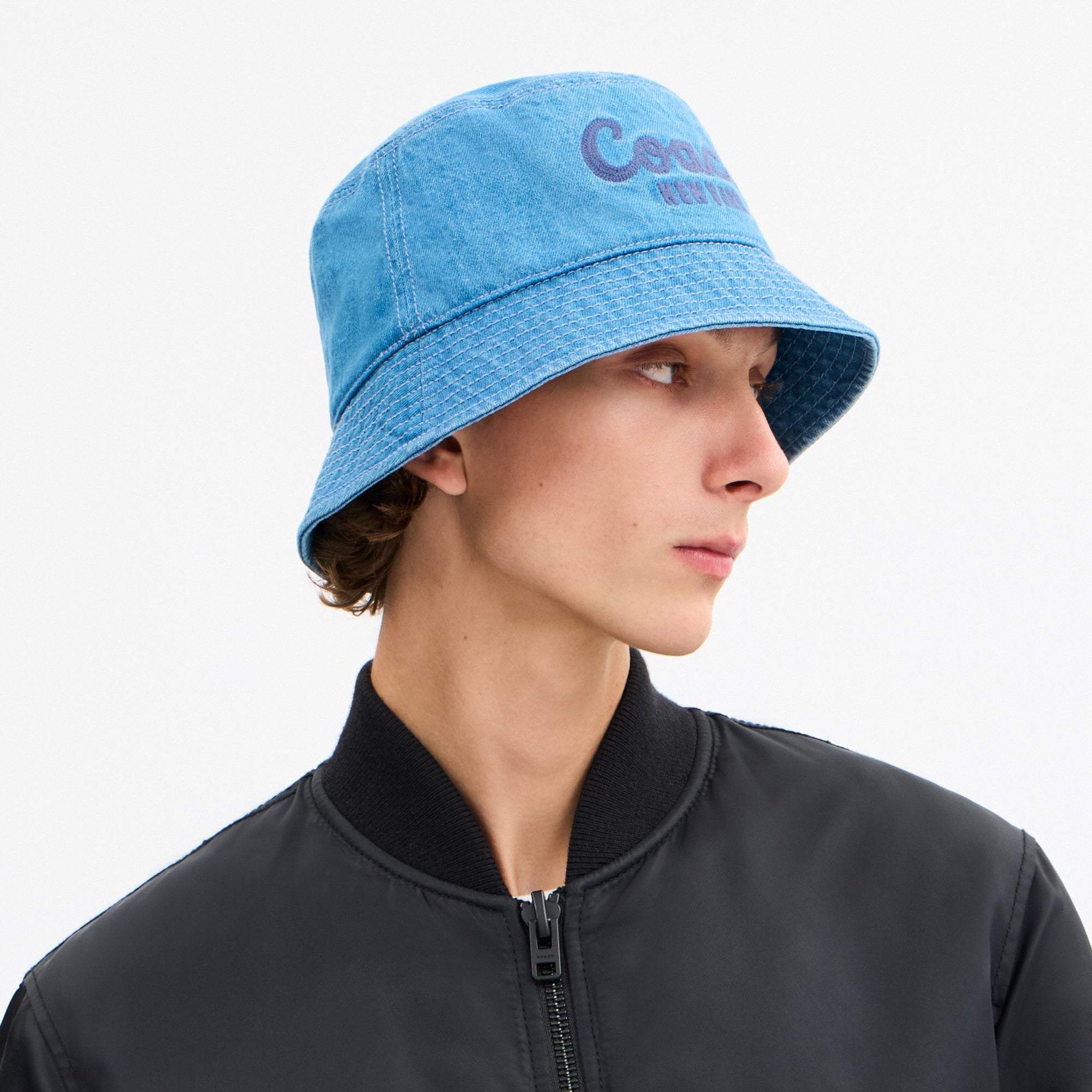 Coach Script Embroidered Denim Bucket Hat