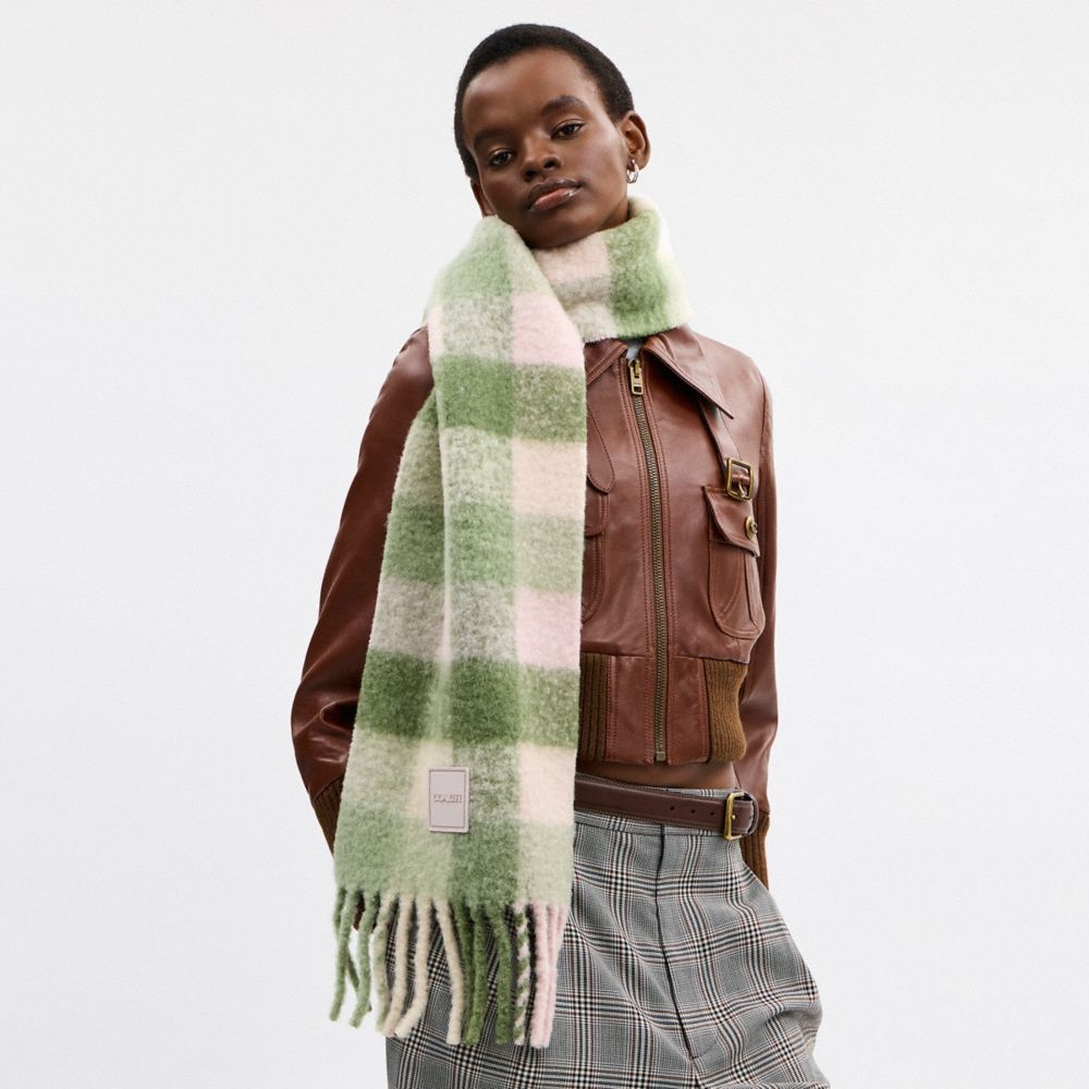 Oversized Plaid Muffler With Rubber Patch