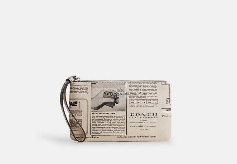 Large Corner Zip Wristlet With Newspaper Print