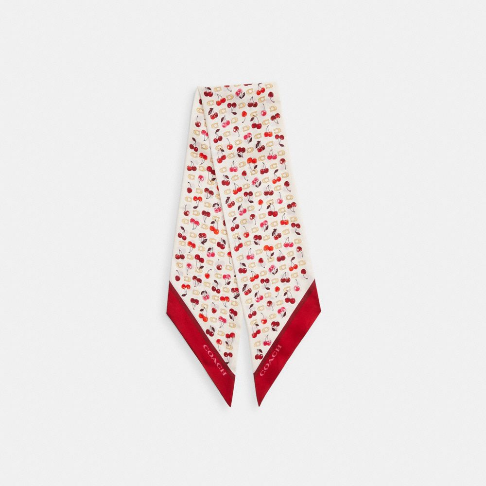 Sculpted C Cherries Print Silk Wide Skinny Scarf