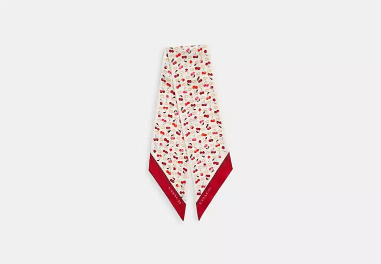 Sculpted C Cherries Print Silk Wide Skinny Scarf