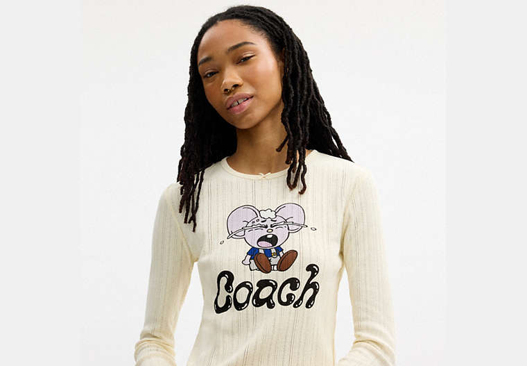 Coach | Brain Dead Kachi Mouse Graphic Long Sleeve Pointelle Top
