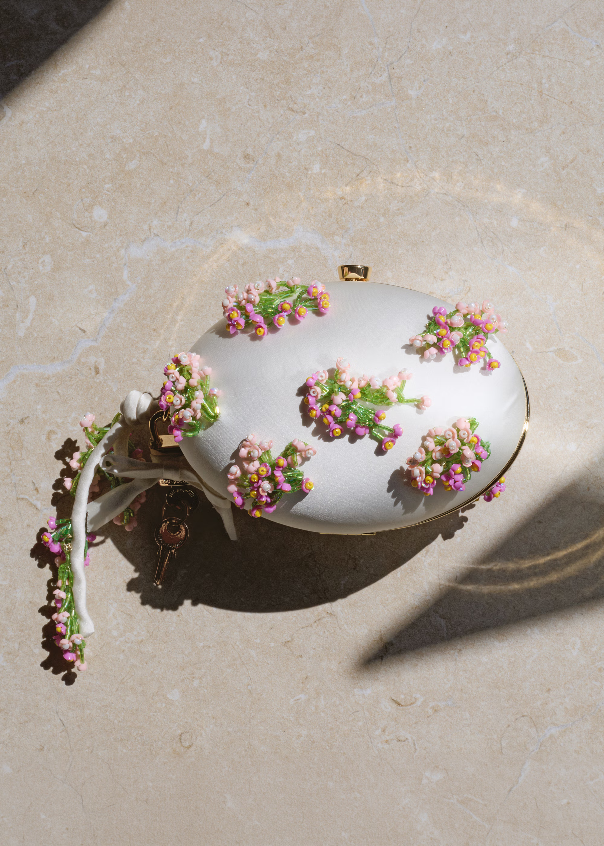 Cream Satin Pink Floral Beaded Oval Clutch