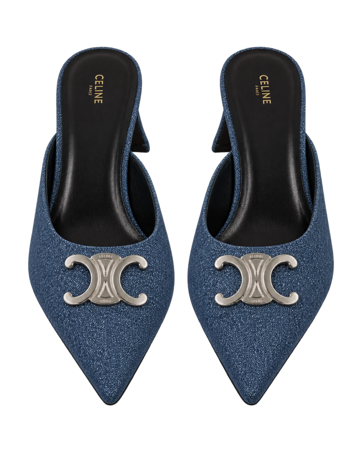 Celine Alma Triomphe Mules in Blue Denim