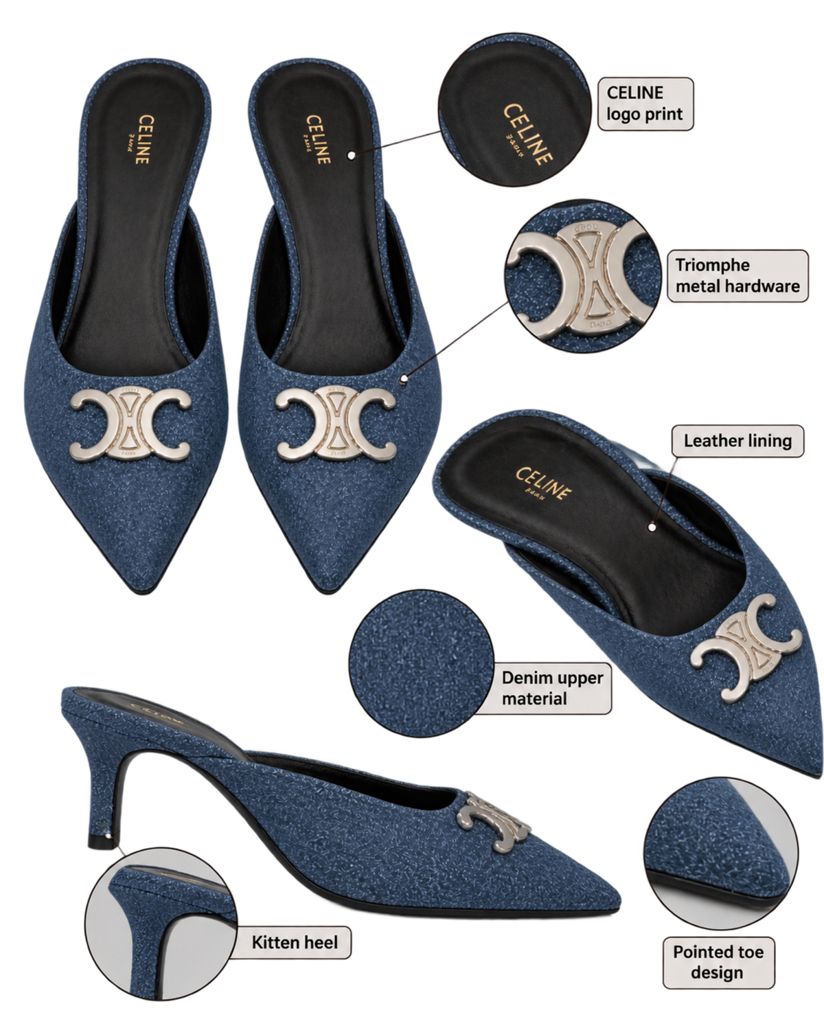 Celine Alma Triomphe Mules in Blue Denim