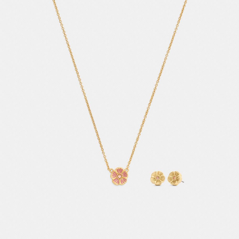 Enamel Tea Rose Earrings And Necklace Set