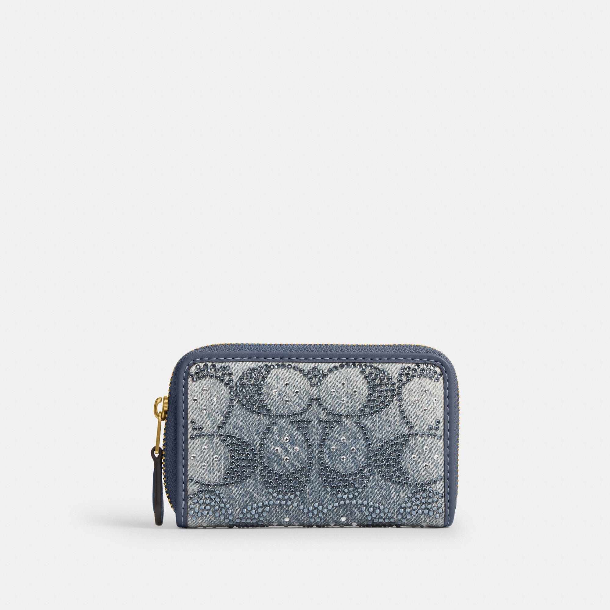 Essential Small Zip Around Card Case In Regenerative Cotton Denim With Crystal Signature