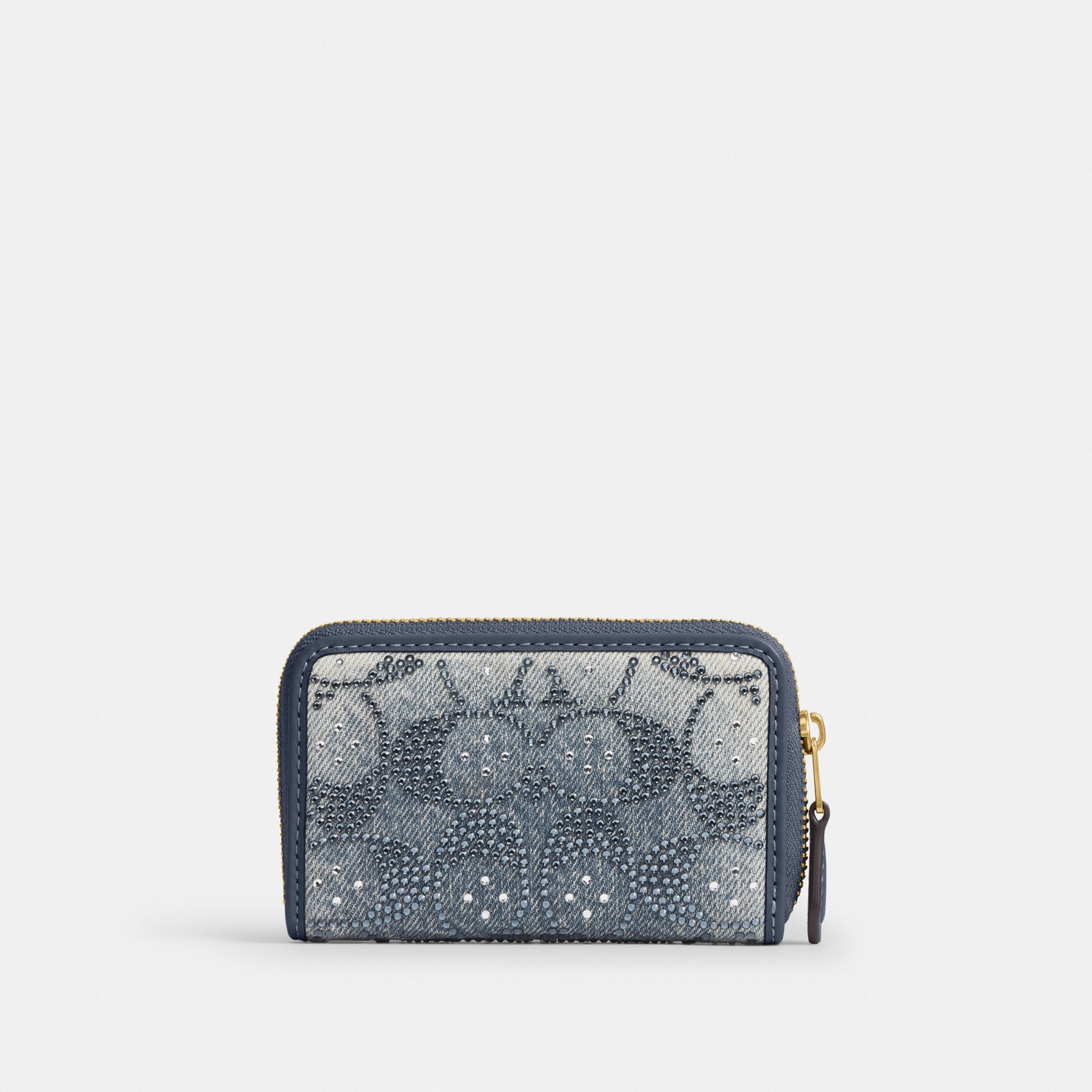 Essential Small Zip Around Card Case In Regenerative Cotton Denim With Crystal Signature