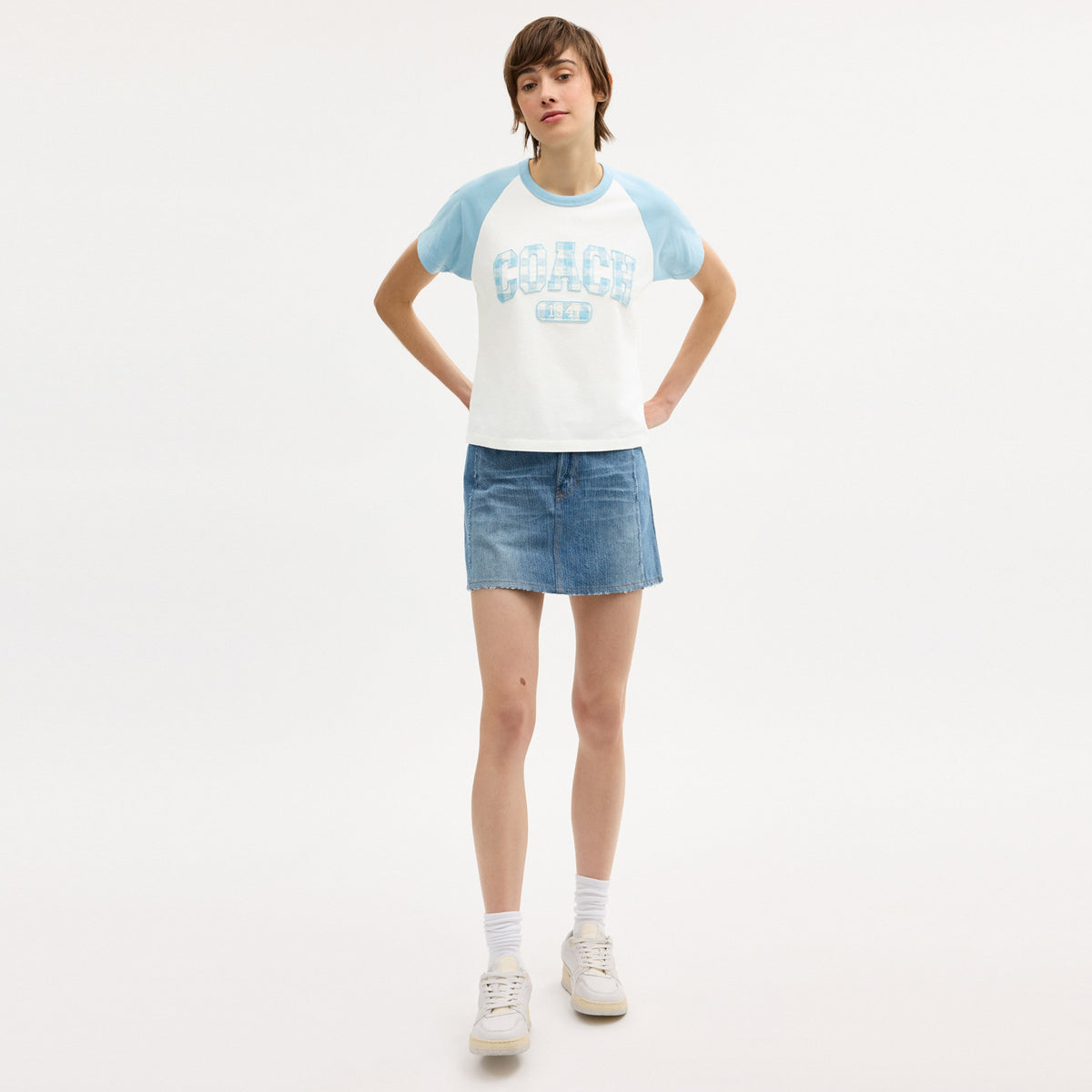 Gingham Sporty Raglan T-Shirt In Organic Cotton