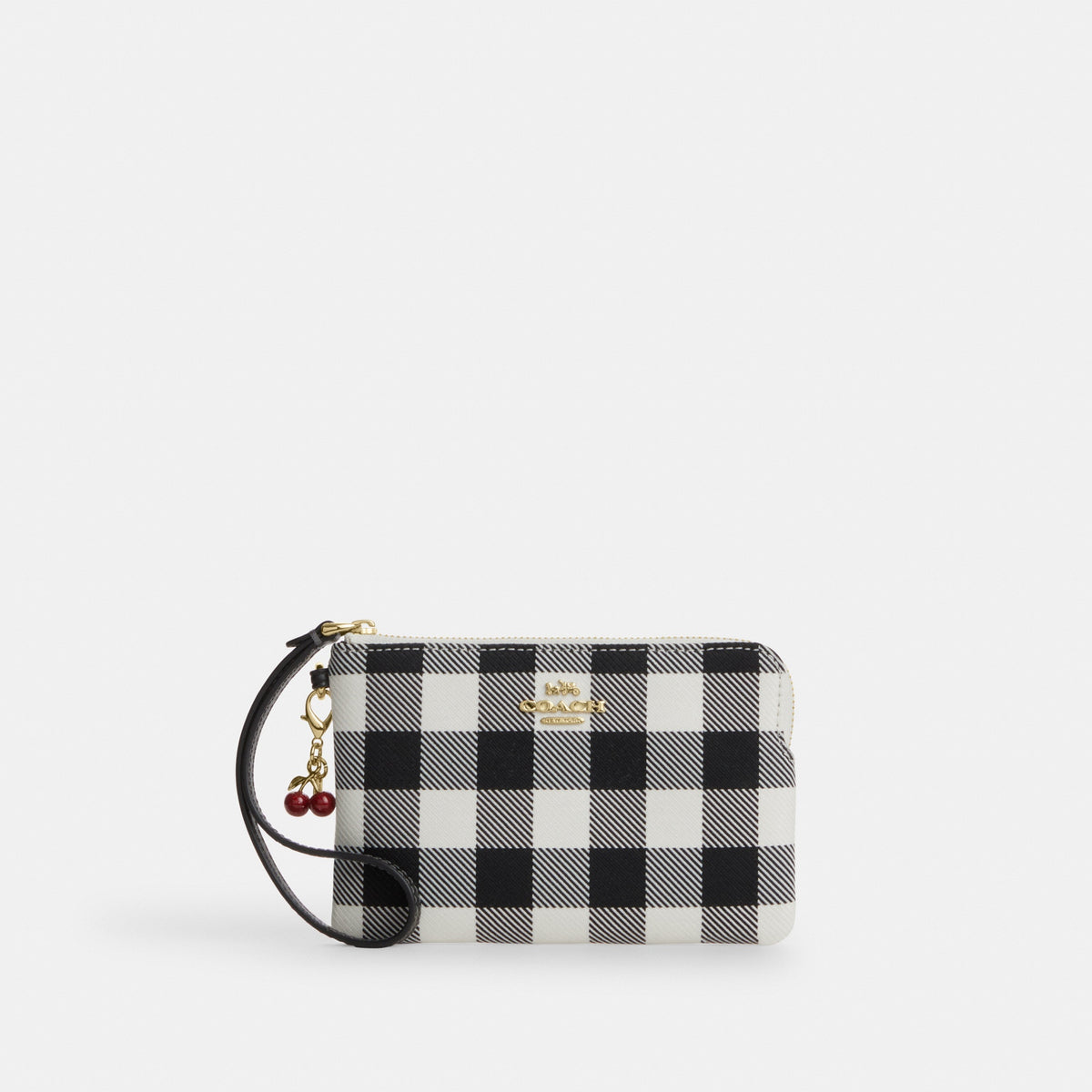 Corner Zip Wristlet With Gingham Print And Charm