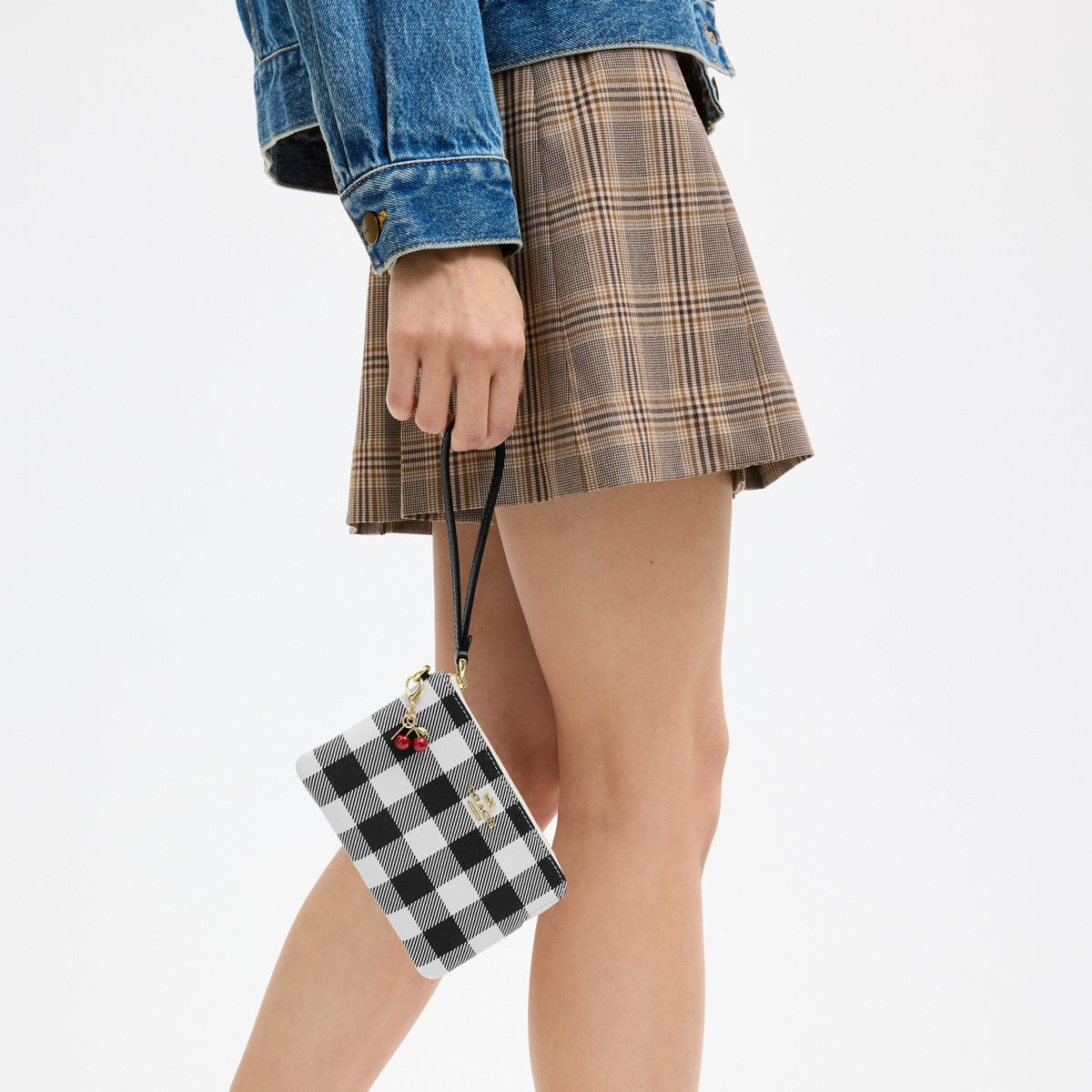 Corner Zip Wristlet With Gingham Print And Charm